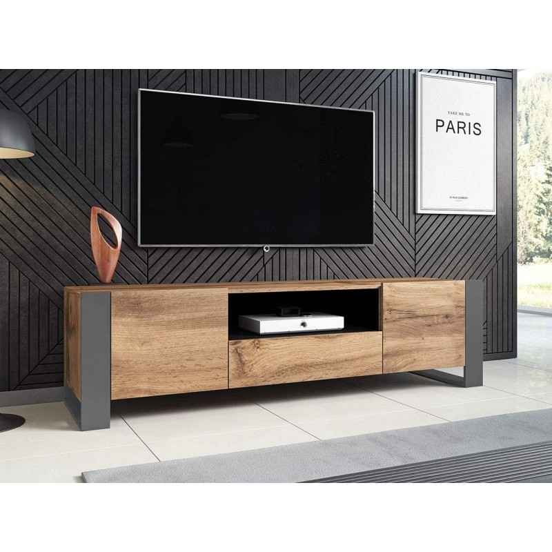 WODD Meuble TV Bas en chêne Anthracite et Pieds Gris 180 cm. Style Industriel