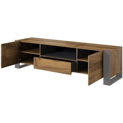 WODD Meuble TV Bas en chêne Anthracite et Pieds Gris 180 cm. Style Industriel