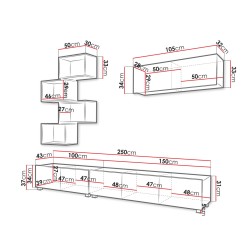 CALABRI - Meuble TV mural avec 4 niches et 1 meuble suspendu style scandinave blanc et bois