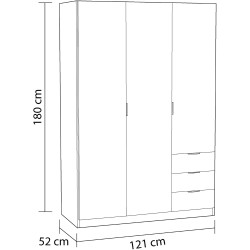 Armoire à trois portes et trois tiroirs, en chêne canadien et en blanc style scandinave nordique, 121 cm (L) x 180 cm (H) x 52 c