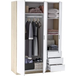 Armoire à trois portes et trois tiroirs, en chêne canadien et en blanc style scandinave nordique, 121 cm (L) x 180 cm (H) x 52 c