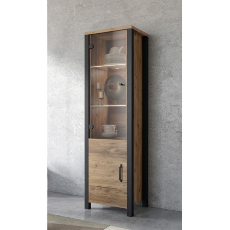 Vitrine industrielle 2 portes OLIN couleur noir et bois style loft