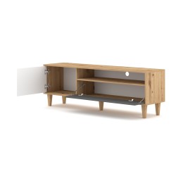 Meuble TV BOLANIA style naturel avec pieds en bois. Couleur blanc, bois et gris