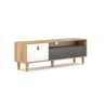 Meuble TV BOLANIA style naturel avec pieds en bois. Couleur blanc, bois et gris