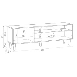 Meuble TV BOLANIA style naturel avec pieds en bois. Couleur blanc, bois et gris