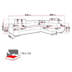 Canapé d'angle convertible en tissu TORIZIO avec lit, coffre et appuie-tête.