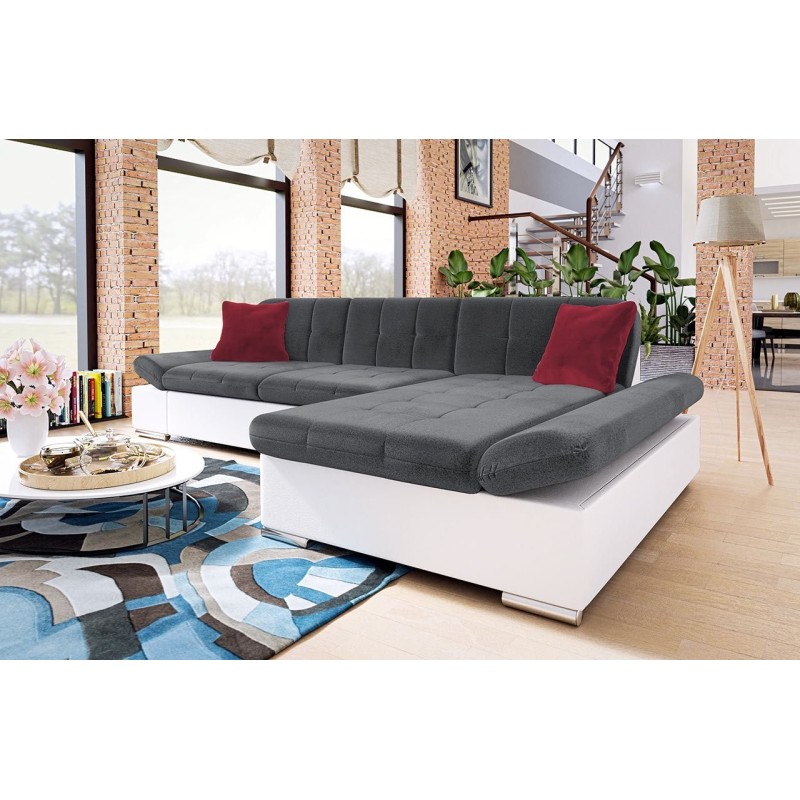 Canapé d'angle convertible + accoudoirs réglables et coffre MALWI - Tissu gris ou beige et simili blanc ou noir - L278 x P161 x 