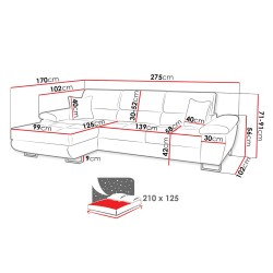 Canapé d'angle convertible ALVIN avec têtières réglables et pieds en chrome. Tissu et simili