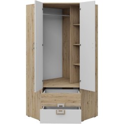 Armoire d'angle Nicol NA02, 4 étagères, tringle à penderie et 2 tiroirs bois et blanc