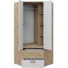 Armoire d'angle Nicol NA02, 4 étagères, tringle à penderie et 2 tiroirs bois et blanc