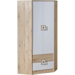 Armoire d'angle Nicol NA02, 4 étagères, tringle à penderie et 2 tiroirs bois et blanc