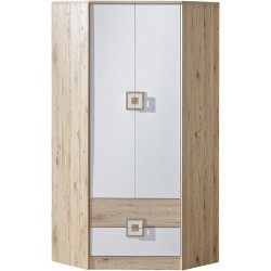 Armoire d'angle Nicol NA02, 4 étagères, tringle à penderie et 2 tiroirs bois et blanc