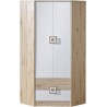 Armoire d'angle Nicol NA02, 4 étagères, tringle à penderie et 2 tiroirs bois et blanc