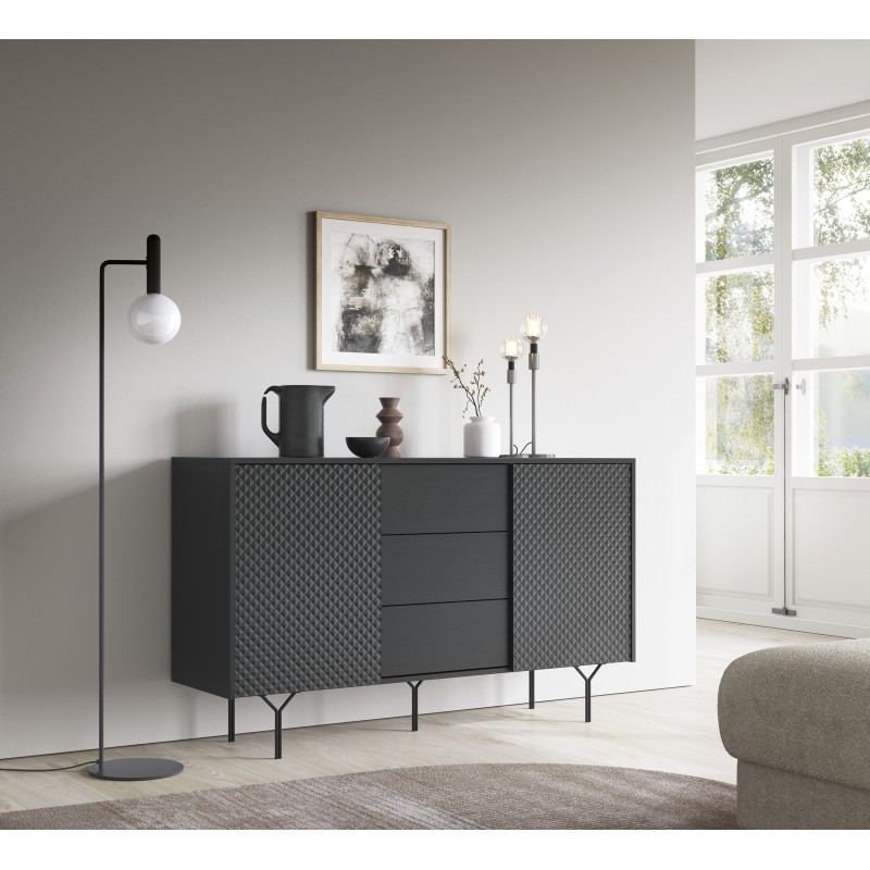 Commode Raven de 144cm 1 porte 3 tiroirs style Moderne noir graphite