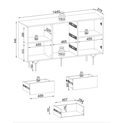 Commode Raven de 144cm 1 porte 3 tiroirs style Moderne noir graphite