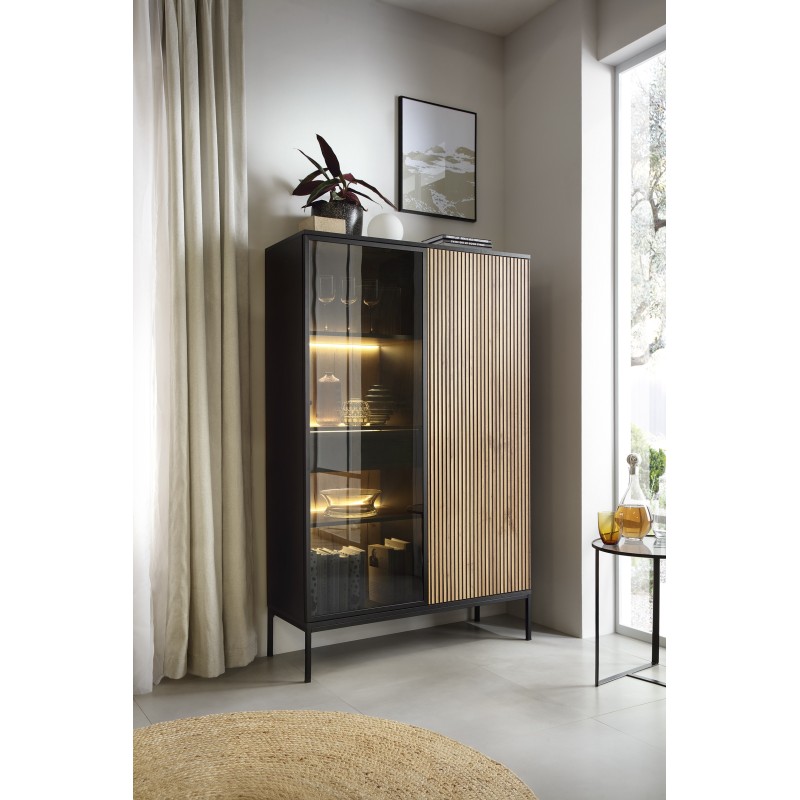 Vitrine Sento haute 104 cm 2 portes 1 tiroir style industriel avec LED