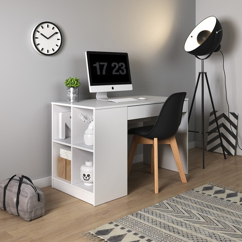 Bureau ANTAK 120 cm blanc mat avec des étagères et 1 tiroir