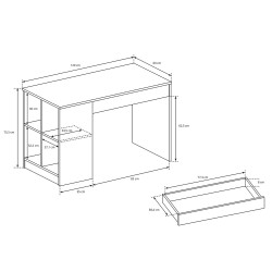 Bureau ANTAK 120 cm blanc mat avec des étagères et 1 tiroir