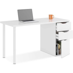 Bureau réversible avec 2 tiroirs et 1 porte, Blanc, 138 x 60 x 74 