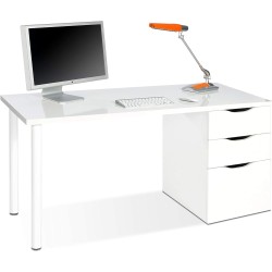 Bureau réversible avec 2 tiroirs et 1 porte, Blanc, 138 x 60 x 74 