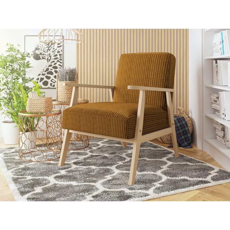 Fauteuil Wikez en velours côtelé, fauteuil rembourré avec accoudoirs en bois