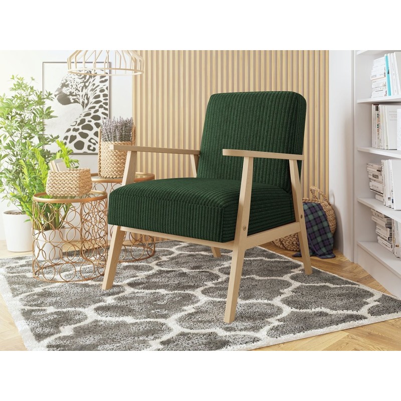 Fauteuil Wikez en velours côtelé, fauteuil rembourré avec accoudoirs en bois