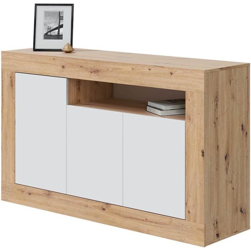 Commode LONGIO 144 cm Bois, Blanc Artik et chêne Nodi