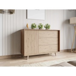 Commode TRISKO avec pieds 1 porte 3 tiroirs. Portes nervurées couleur bois