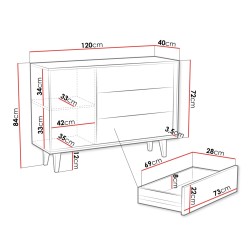 Commode TRISKO avec pieds 1 porte 3 tiroirs. Portes nervurées couleur bois