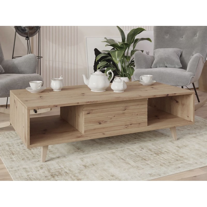 Table basse TRISKO avec pieds 1 porte 3 tiroirs. Portes nervurées couleur bois