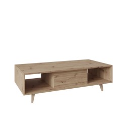 Table basse TRISKO avec pieds 1 porte 3 tiroirs. Portes nervurées couleur bois