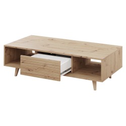 Table basse TRISKO avec pieds 1 porte 3 tiroirs. Portes nervurées couleur bois