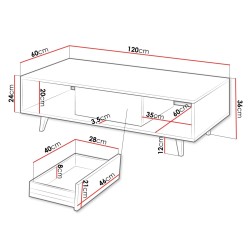 Table basse TRISKO avec pieds 1 porte 3 tiroirs. Portes nervurées couleur bois