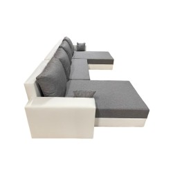 RECONDITIONNE - Canapé d'angle convertible ENNO83 en tissu gris et simili blanc