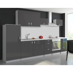 Cuisine complète 320 cm OXIN laquée brillant gris avec meuble frigo et colonne