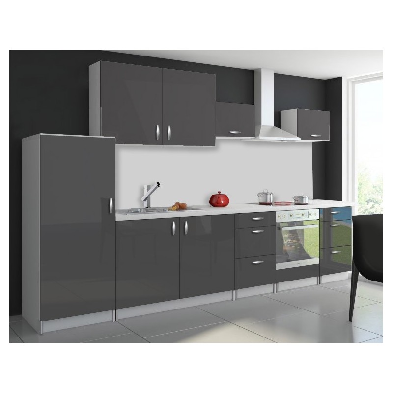 Cuisine complète 320 cm OXIN laquée brillant gris avec meuble frigo et colonne