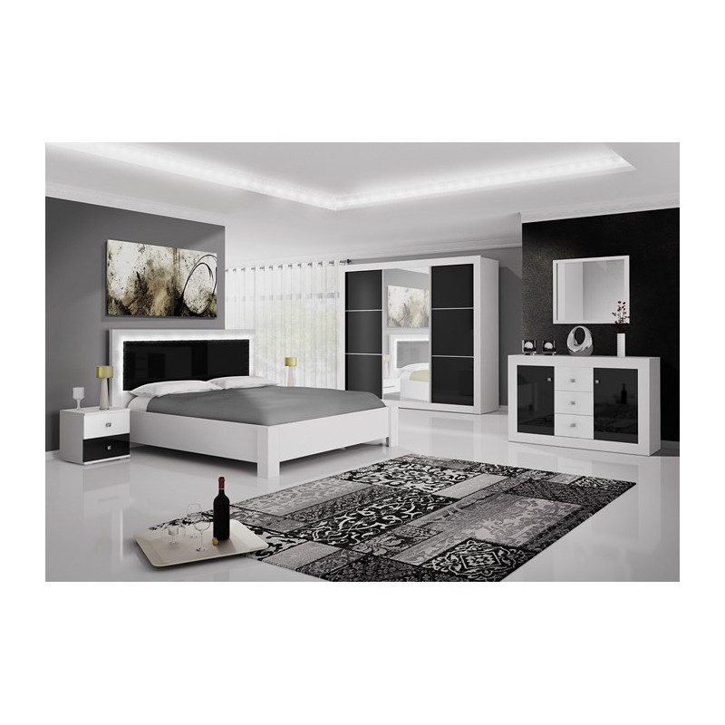 Chambre complète ROMA noir et blanc laqué avec LED