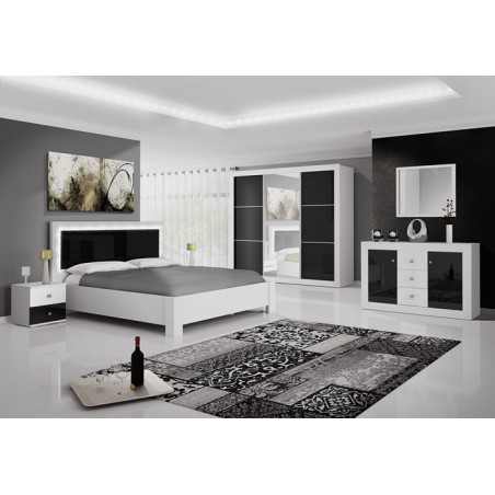 Chambre complète ROMA noir et blanc laqué avec LED