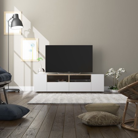 Meuble TV scandinave TAMIKO bois et blanc moderne et design pas cher