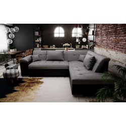 Canapé d'angle convertible LITO design avec lit en tissu et simili cuir gris et blanc pas cher