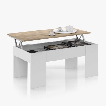 Table Basse CENDA Blanc et chêne avec Plateau Relevable scandinave