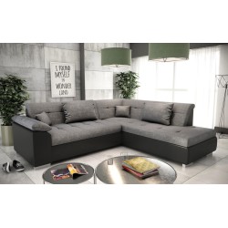 Canapé d'angle convertible LITO design avec lit en tissu et simili cuir gris et blanc pas cher