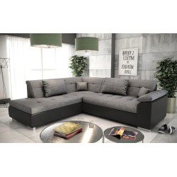 Canapé d'angle convertible LITO design avec lit en tissu et simili cuir gris et blanc pas cher