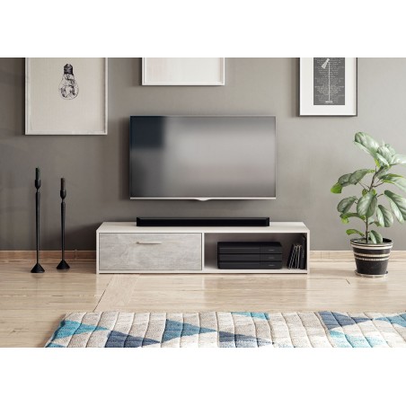 Meuble télé de 140 cm TILA bois et blanc ou gris moderne et pas cher