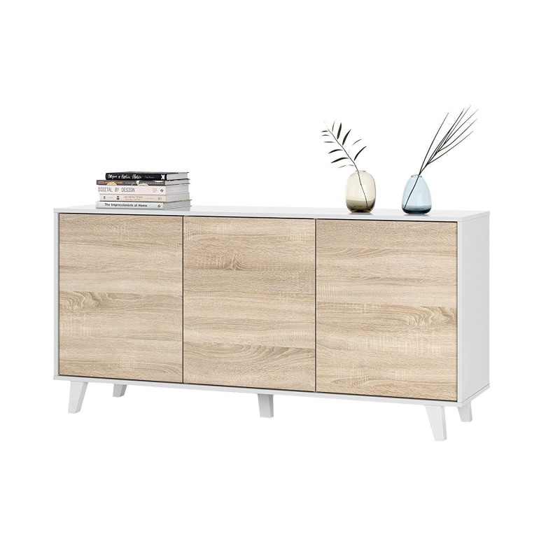 ZAIKI - Buffet contemporain blanc et decor chene style scandinave - L 154 cm