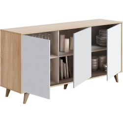 ZAIKA - Buffet - Commode scandinave 3 Portes L154 cm - Blanc/chêne avec Pieds