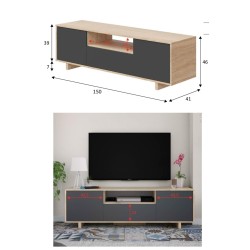 ANIO - Meuble TV 3 portes gris et chêne style industriel 150 cm