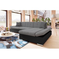 Canapé d'angle convertible + accoudoirs réglables et coffre MALWI - Tissu gris ou beige et simili blanc ou noir - L278 x P161 x 