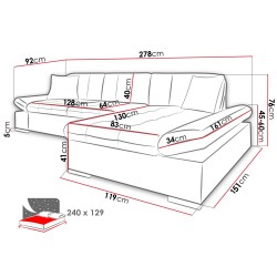 Canapé d'angle convertible + accoudoirs réglables et coffre MALWI - Tissu gris ou beige et simili blanc ou noir - L278 x P161 x 