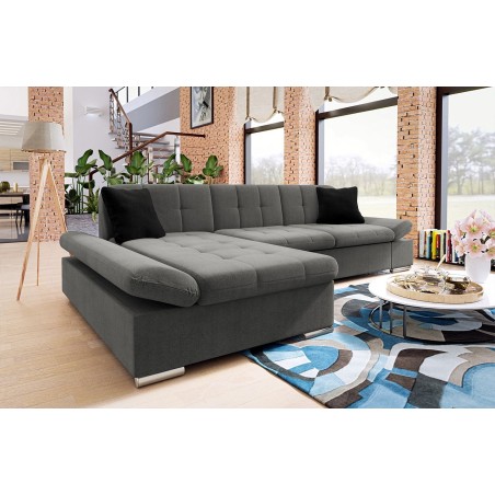 Canapé d'angle convertible + accoudoirs réglables et coffre MALWI - Tissu gris ou beige et simili blanc ou noir - L278 x P161 x 